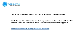 Top 10 Asic Verification Training Institutes In Hyderabad  Takshila-vlsi.com