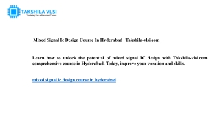 Mixed Signal Ic Design Course In Hyderabad  Takshila-vlsi.com
