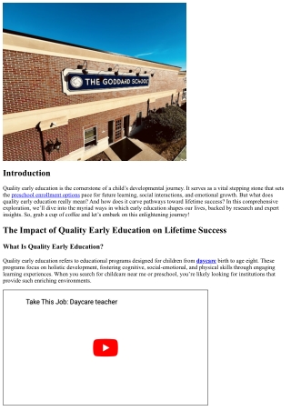 “The Impact of Quality Early Education on Lifetime Success”