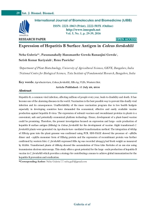 Expression of Hepatitis B Surface Antigen in Coleus forskohlii