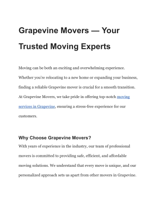 Grapevine Movers — Your Trusted Moving Experts