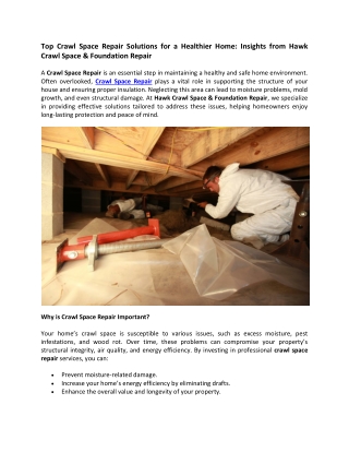 Top Crawl Space Repair Solutions for a Healthier Home Insights from Hawk Crawl Space & Foundation Repair