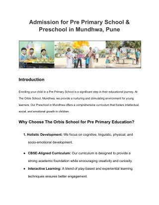 Pre Primary School Admission | Preschool in Mundhwa | The Orbis School