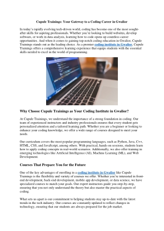 Cupule Trainings Your Gateway to a Coding Career in Gwalior