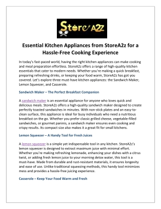 Essential Kitchen Appliances from StoreA2z for a Hassle-Free Cooking Experience