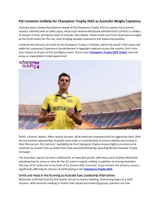 Pat Cummins Unlikely for 2025 Champions Trophy as Australia Weighs Captaincy