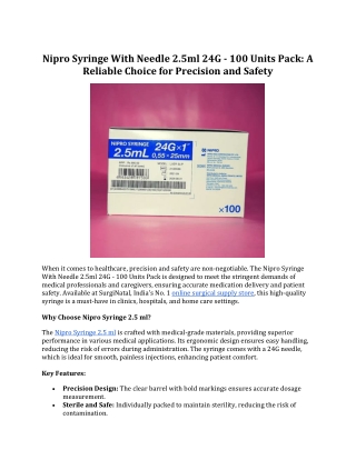 Nipro Syringe With Needle 2.5ml 24G - 100 Units Pack:  Ensuring Precision & Safe