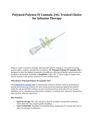 Polymed Polyneo IV Cannula 24G: Trusted Choice for Infusion Therapy