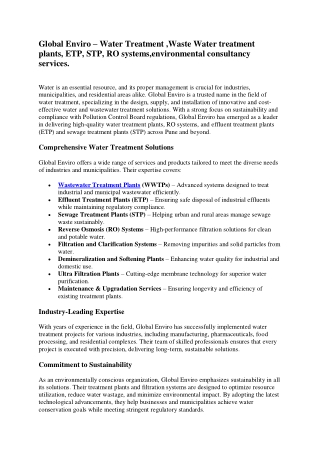 Global Enviro – Water Treatment ,Waste Water treatment plants, ETP, STP, RO syst