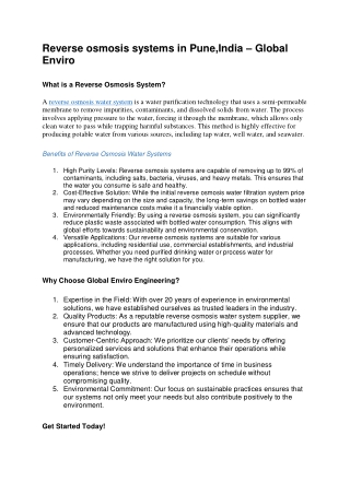 Reverse osmosis systems in Pune,India – Global Enviro