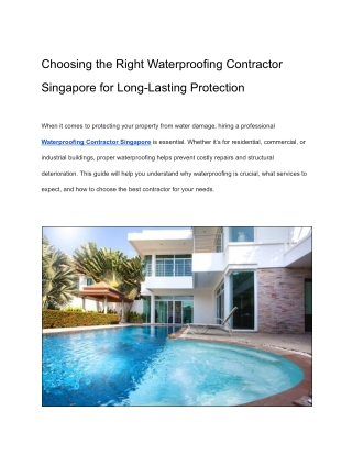 Choosing the Right Waterproofing Contractor Singapore for Long-Lasting Protection