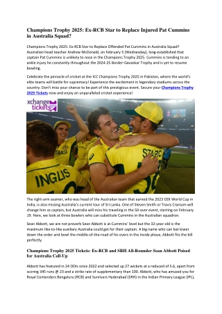 Champions Trophy 2025 Ex-RCB Star to Replace Injured Pat Cummins in Australia Squad
