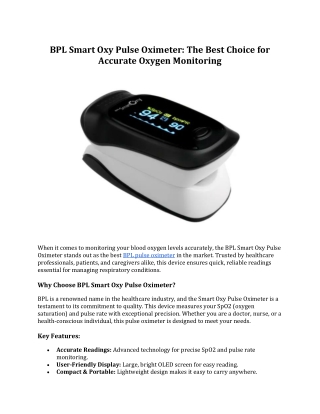 BPL Smart Oxy Pulse Oximeter: The Best Choice for Accurate Oxygen Monitoring