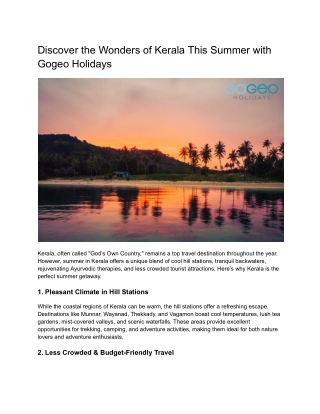 Discover the Wonders of Kerala This Summer with Gogeo Holidays