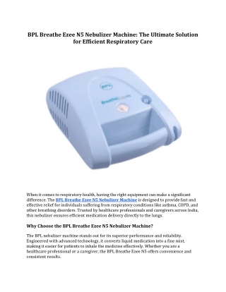 BPL Breathe Ezee N5 Nebulizer Machine: The Ultimate Respiratory Care Solution