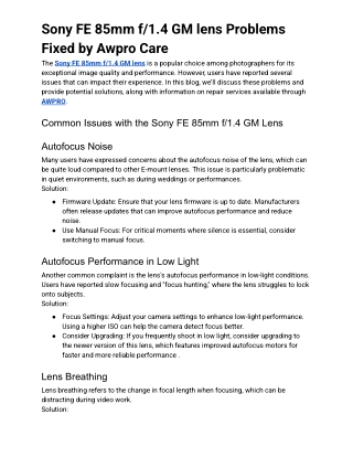 Sony FE 85mm f_1.4 GM lens Problems Fixed by Awpro Care