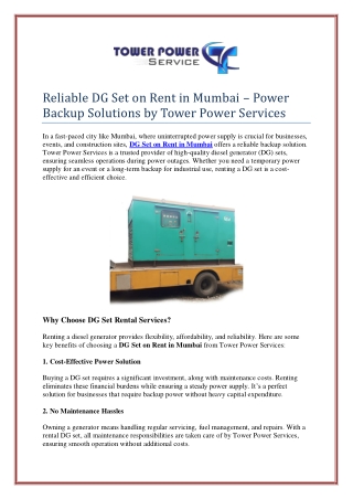 Reliable DG Set on Rent in Mumbai – Power Backup Solutions by Tower Power Servic