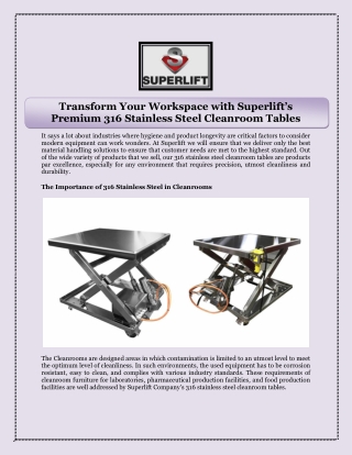 Transform Your Workspace with Superlift’s Premium 316 Stainless Steel Cleanroom Tables