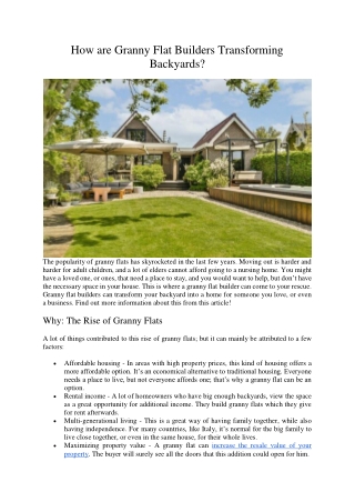 How are Granny Flat Builders Transforming Backyards