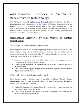 What Innovative Discoveries Has Clint Winters Made at Winters Biotechnology