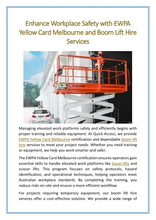 Enhance Workplace Safety with EWPA Yellow Card Melbourne and Boom Lift Hire Services