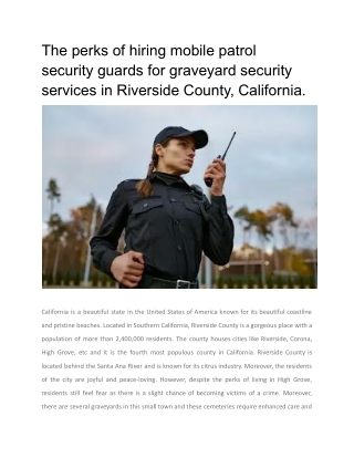 The perks of hiring mobile patrol security guards for graveyard security services in Riverside County, California