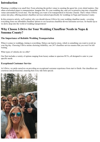 Choose I-Drive for Your Wedding Chauffeur Needs in Napa & Sonoma County