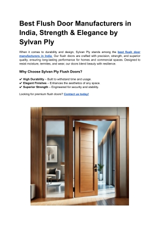 Best Flush Door Manufacturers in India, Strength & Elegance by Sylvan Ply