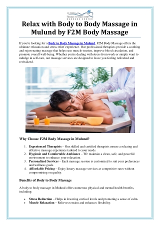 Body to Body Massage in Mulund – F2M Body Massage