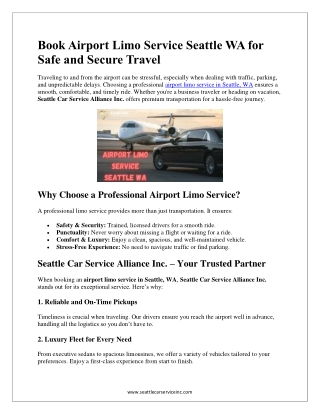 Book Airport Limo Service Seattle WA for Safe and Secure Travel