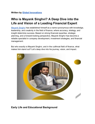 Visionary Financial Expert Mayank Singhvi Changing Investment Strategies