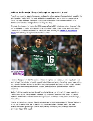 Pakistan Set for Major Change in Champions Trophy 2025 Squad