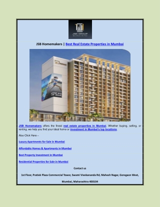 JSB Homemakers  Best Real Estate Properties in Mumbai