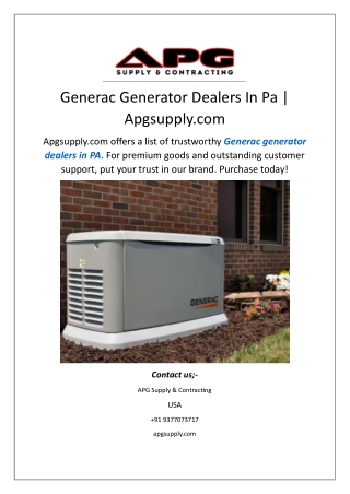 Generac Generator Dealers In Pa | Apgsupply.com