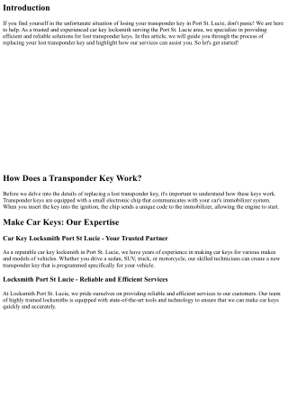 Lost Your Transponder Key? Here’s How We Can Help in Port St. Lucie