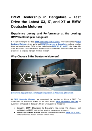 BMW Dealership in Bangalore – Test Drive the Latest X3, i7, and X7 at BMW Deutsche Motoren