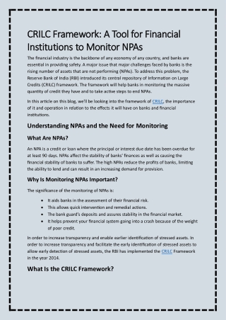 CRILC Framework: A Tool for Financial Institutions to Monitor NPAs