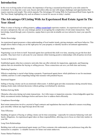 “The Advantages Of Listing With An Experienced Real Estate Agent In The Year Ahe