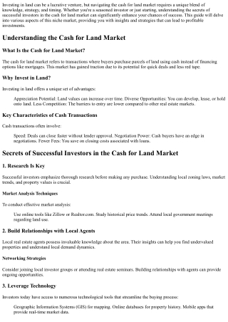 Secrets of Successful Investors in the Cash for Land Market