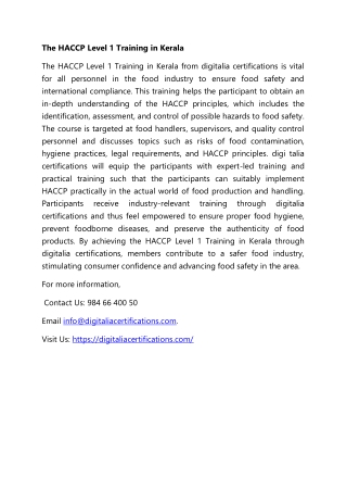 The HACCP Level 1 Training in Kerala