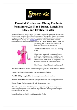Essential Kitchen and Dining Products from StoreA2z Hand Juicer, Lunch Box Steel, and Electric Toa