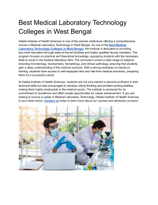 Best Medical Laboratory Technology Colleges in West Bengal