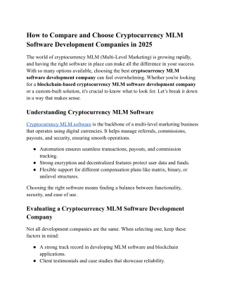 How to Compare and Choose Cryptocurrency MLM Software Development Companies in 2