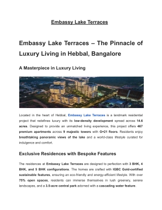 Embassy Lake Terraces Reviews & Brochure – Exclusive Homes for Sale