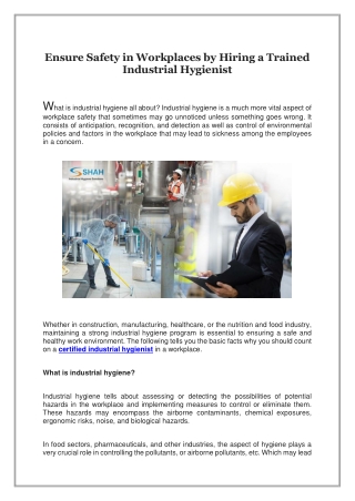 Ensure Safety in Workplaces by Hiring a Trained Industrial Hygienist