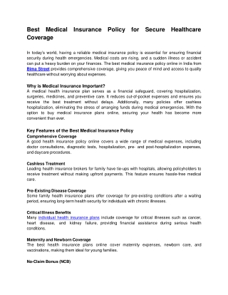 Best Medical Insurance Policy for Secure Healthcare Coverage