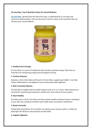 A2 Cow Ghee: Top 10 Nutrition Values for Overall Wellness