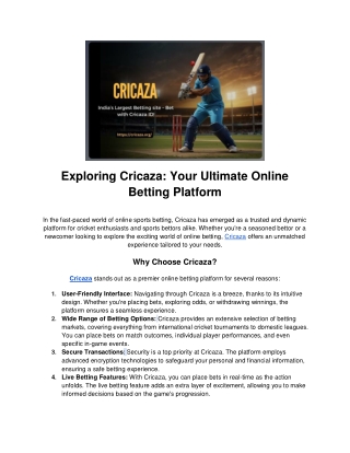 Cricaza: An Online Platform for Sports, Casino Games, and Cricket Betting