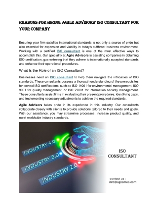 Reasons for Hiring Agile Advisors' ISO Consultant for Your Company