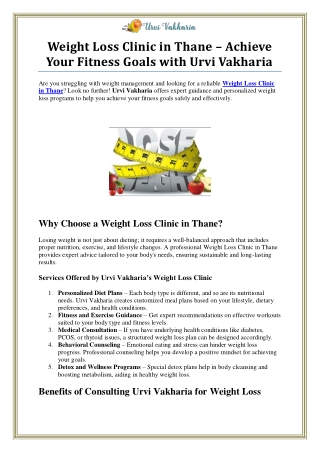 Best Weight Loss Clinic in Thane – Urvi Vakharia